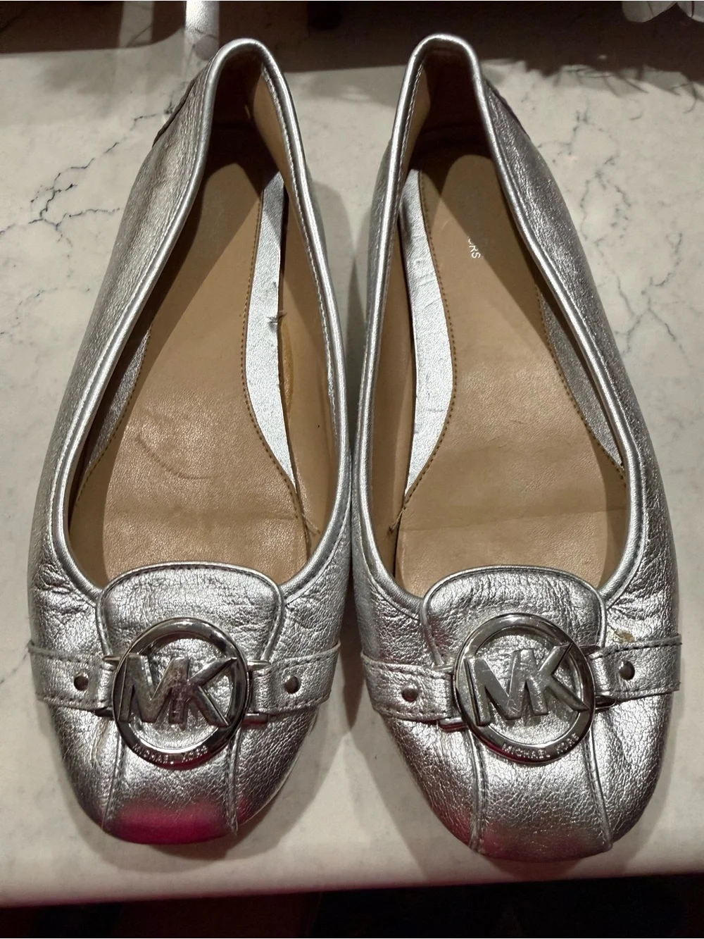 Michael Kors Metallic Silver MK Logo Leather Ballet Flats